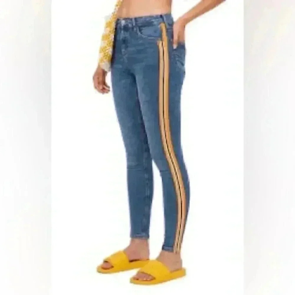 Topshop Moto High Rise Jamie Skinny Jeans Blue Orange Side Stripe Size 26